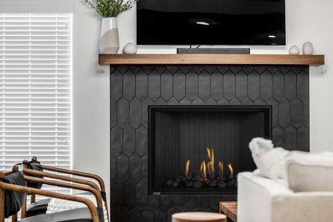 Fireplace Design Ideas that Will Inspire You | Montigo Black Subway Tile Fireplace Surround, Black Herringbone Fireplace Surround, Dark Fireplace Tile, Black Tiled Fireplace Wall, Dark Wood Fireplace Mantle, Peal And Stick Fireplace Tile, Black Chevron Fireplace, Black Tile Around Fireplace, Picket Tile Fireplace