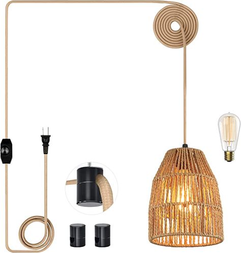 Plug in Pendant Light, Hanging Lights with 15ft Golden Cotton Cord & Stepless Dimming Switch, Handwoven Hemp Rope Lampshade, Boho Hanging Lamp for Dining Room,Hallway (Bulb & 2 Swag Hooks Included) - - Amazon.com Boho Hanging Lamp, Bohemian Light Fixtures, Hanging Lamps For Bedroom, Plug In Chandelier, Boho Lamp, Plug In Pendant Light, Swag Lamp, Light Hanging, Farmhouse Chandelier