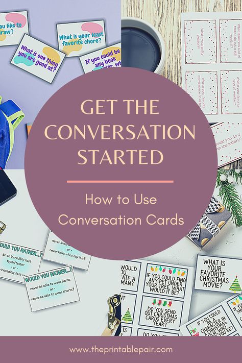 Four different photos featuring different types of conversation cards form a grid with a circle in the middle that says "Get the Conversation Started." Table Topics For Adults, Conversation Cards For Kids, Table Topics Questions, Meeting Ice Breakers, Table Topics, Meeting Activities, Work Advice, Work Parties, Conversation Cards