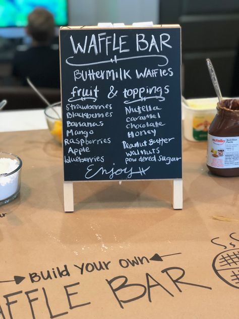 Waffle Themed Birthday Party, Waffle House Birthday Party, Waffle Bar Toppings, Waffle Bar Ideas, Camp Foods, Christmas Waffles, Coffee Bridal Shower, National Waffle Day, Combined Birthday Parties