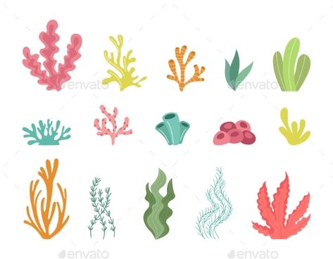 Seaweed Set Simple Coral Reef Colorful Isolated Coral Drawings Simple, Easy Coral Drawing, Coral Painting Easy, Coral Drawing Simple, Coral Reef Drawing, Coral Drawing, Coral Painting, Baby Otter, Ocean Plants