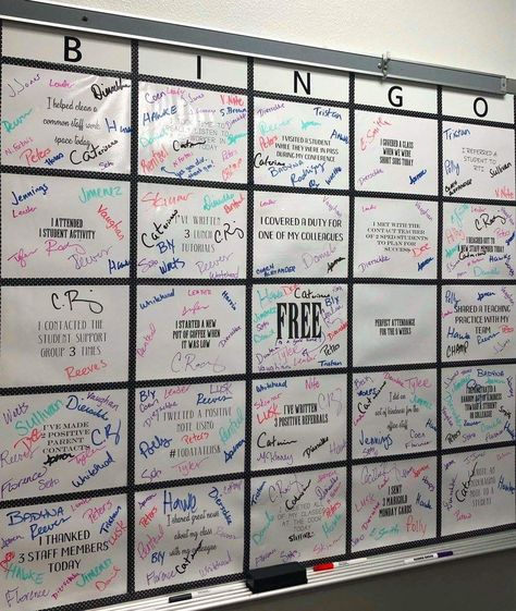 Staff bingo board Tv Production Classroom, Workplace Contest Ideas, Staff Bingo Bulletin Board, Hospital Staff Bulletin Board Ideas, Teacher Faculty Room Ideas, Employee Interactive Wall, School Wellbeing Room, Teacher Work Room Makeover, Fun Breakroom Ideas Work