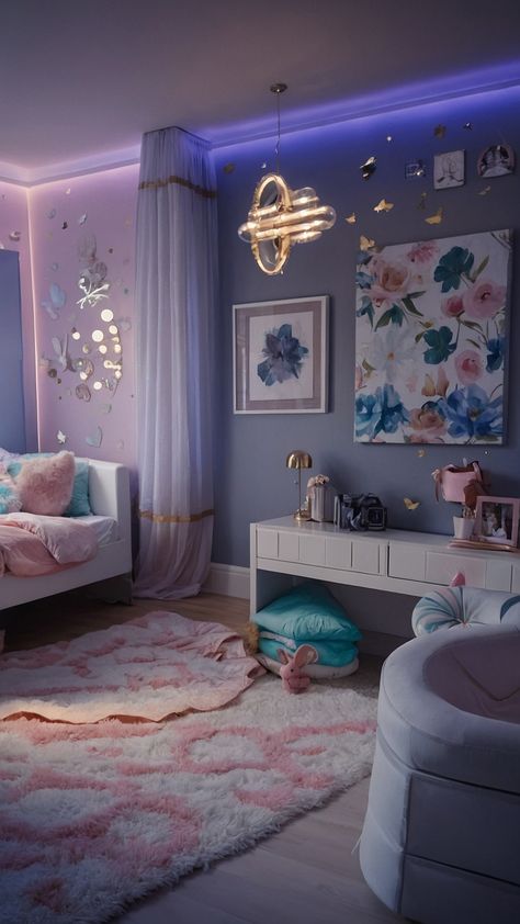 Transform your room into a girly paradise with these adorable and stylish decor ideas for teens women and kids Discover cute small pink and trendy items to create a teens pink kids pink simple teens aesthetic dark purple and blue room design Embrace the chic and cozy vibe with these girly room inspirations Purple And Blue Room, Blue Room Design, Aesthetic Dark Purple, Dark Blue Rooms, Girls Blue Bedroom, Purple Girls Room, Stitch Decor, Cream Room, Kitty Room