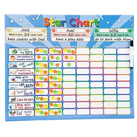 Roscoe Learning Responsibility Star Chart | Customize for 1-3 Kids | Magnetic Chore Reward System Rewards Charts For Kids Classroom, Kids Charts Behavior Reward System, Kindergarten Chore Chart Reward System, Star Behavior Chart, Rocket Reward Chart, Star Chart For Kids, Star Charts For Kids Reward System, Good Behavior Chart, Kids Chore Chart Printable