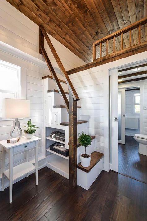 Staircase - Custom Loft Edition by Mint Tiny Homes Loft Stairs Ideas, Apartemen Studio, House Bathroom Designs, Tiny House Company, Tiny House Stairs, Loft Stairs, Tiny House Interior Design, Tiny House Loft, Best Tiny House