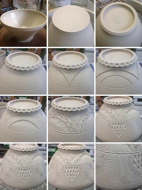 Bowl Feet Bowl Feet Pottery, Pottery Feet Ideas, Pottery Bowl Ideas, Carving Clay, Pottery Sgraffito, Pottery Carving, Clay Carving, Textured Bowls, Pottery Patterns