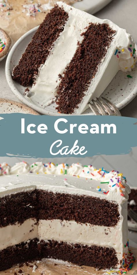 Learn how easy it is to make your own ice cream cake from scratch! This homemade recipe features layers of chocolate cake, vanilla ice cream, and is topped off with an easy whipped cream frosting. Ice Cream Cake Frosting Recipe, Easy Whipped Cream Frosting, Easy Whipped Cream, Layered Ice Cream Cake, Make Your Own Ice Cream, Chocolate Ice Cream Cake, Frozen Treats Recipes, Easy Ice Cream Cake, Homemade Ice Cream Cake