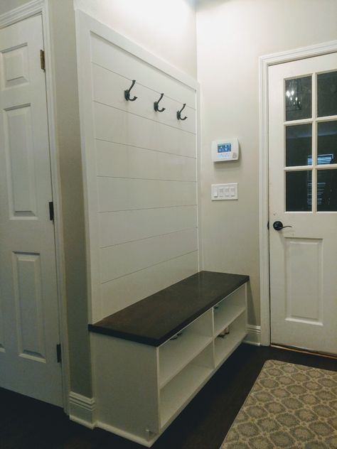 Mudroom Bench With Shiplap Wall, Built In Coat Rack, Shiplap Mudroom Wall With Hooks, Shiplap Coat Rack Wall, Wainscoting Coat Rack Entry Ways, Mudroom Coat Rack, Built In Coat Rack With Bench, Shiplap Hook Wall, Shiplap Wall Mudroom