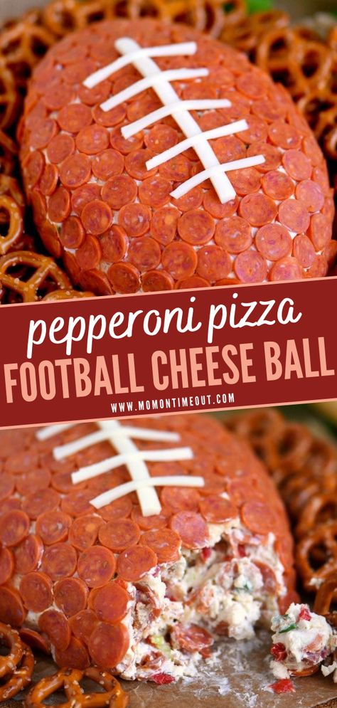 Football Cheese Ball Recipes, Best Snacks For Football Players, Pepperoni Football Cheeseball, Football Cheeseball Recipes, East Football Snacks, Georgia Bulldog Appetizers, Bengals Football Food, Saturday Football Food, Superbowl Cheeseball