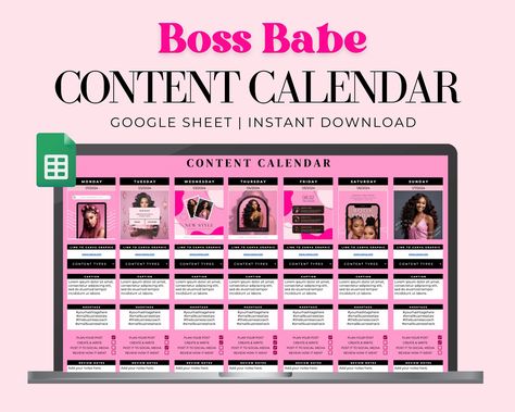 Boss Babe Social Media Content Calendar | Soc Planner Sticker Template, Content Calendar Social Media, Canva Planner, Content Calendar Template, Start Youtube Channel, Social Media Content Planner, Planner Writing, Monthly Planner Template, Social Media Content Calendar