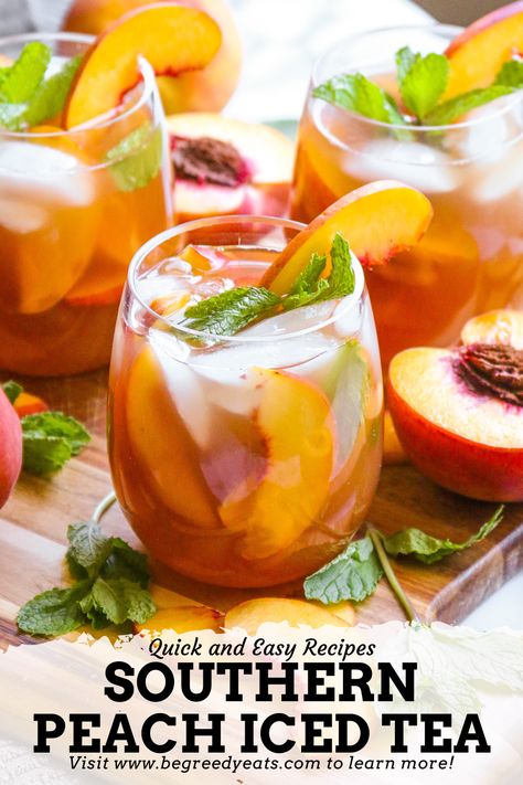 Sweet and full of fresh peach flavor! Made with a homemade peach syrup and fresh black tea, my Southern Peach Iced Tea is the perfect beverage to quench your thirst no matter the weather. Peach Iced Tea Recipe, Peach Iced Tea, Iced Tea Recipe, Peach Syrup, Peach Ice Tea, Iced Tea Recipes, Peach Slices, Peach Tea, Steeped Tea