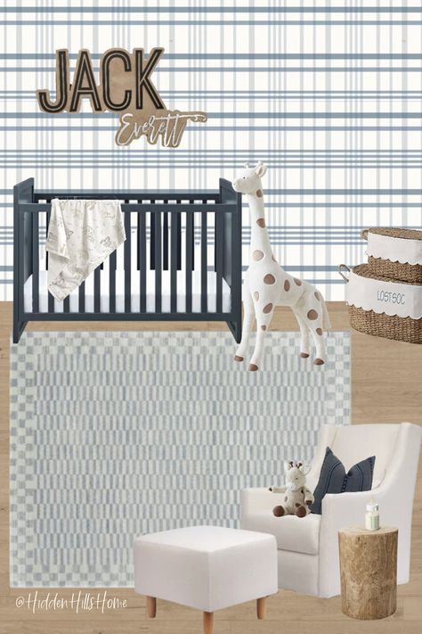 Baby boys nursery decor mood board with blue tones! Cute nursery decor ideas with giraffes Plaid Accent Wall, Giraffe Nursery Theme, Navy Crib, Decor Mood Board, Navy Nursery Boy, Dreamy Nursery, Nursery Decor Inspiration, Giraffe Decor, Baby Nursery Inspiration