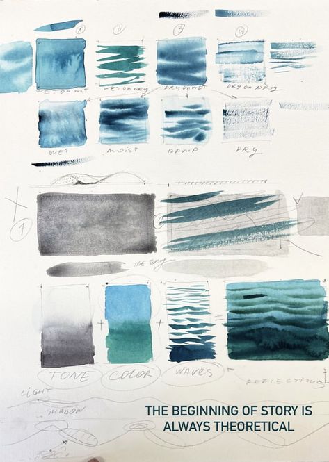 Watercolor Sea Tutorial, Watercolor Practice Exercises, Water In Watercolor, Watercolor Seascapes, Sea Drawing, Water Watercolor, Sea Watercolor, Learn Watercolor Painting, Watercolor Water