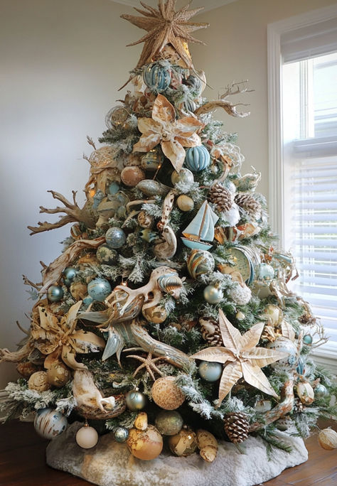 Coastal Christmas Tree Decor Ideas Starfish Christmas Tree, Sea Side Christmas Decor, Beach Xmas Tree, Christmas Tree Sea Theme, Seaside Christmas Decor, Coastal Grandma Christmas, Ocean Christmas Decor, Coastal Christmas Tablescapes, Beach Themed Christmas Tree