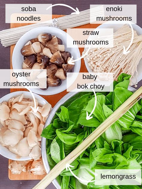 Enoki Mushroom Soup with Soba Noodles, Lemongrass, and Ginger Ginger Mushroom Soup, Vegan Vegetable Soup Recipes, Enoki Mushroom Recipe, Vegan Stew Recipes, Vegan Vegetable Soup, Stews Recipes, Enoki Mushrooms, Mushroom Recipes Healthy, Vegan Asian Recipes