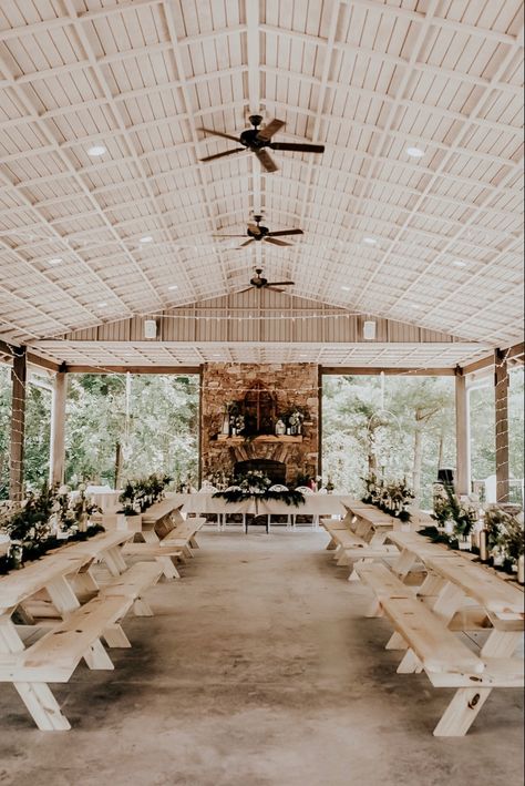 Outside Pavilion Wedding, Vowel Renewal Decor Ideas, Outdoor Pavillion Wedding Reception, Wedding Venue Patio, Outdoor Wedding Pavilion, Silo Weddings, Pavilion Party Decorations, Picnic Shelter Wedding Reception, Pavilion Decorating Ideas