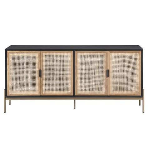 Sunpan Avida Coastal Beach Black Wood Natural Rattan 4 Door Sideboard - Large Black Rattan Sideboard, Rattan Cabinets, Apartment Finds, Cane Sideboard, Stylish Sideboards, Small Sideboard, Large Sideboard, Coastal Beaches, High Fashion Home