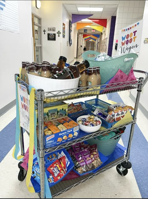 Nursing Home Snack Cart Ideas, Snack Carts For Teachers, Teacher Lounge Snacks, Snacks For Teachers Lounge, Teacher Snack Cart Ideas, Snack Cart Ideas For Work, Teacher Appreciation Cart, Teacher Snack Cart, Office Snack Station Ideas