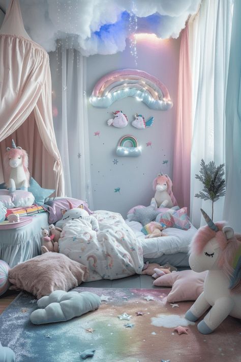 Mystical Unicorn Grove Unicorn Kids Room, Pastel Kids Room, Unicorn Themed Bedroom, Bedroom Ideas For Kids, Unicorn Room, Unicorn Bedroom, Boho Bedroom Ideas, Rooms Ideas