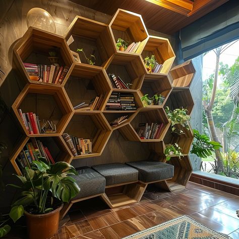 Introducing our hexagonal biophilic bookshelf: a sustainable, modular design inspired by nature. Crafted with organic geometry and earthy tones, it offers versatile storage while bringing the outdoors in, creating a tranquil and harmonious space. Conceptual AI Art Follow @ecosapiens for more! Organic Bookshelf, Outdoor Library Ideas, Design Inspired By Nature, Library Design Interior, Modular Bookshelf, Center Of Excellence, Library Design, Modular Design, Earthy Tones