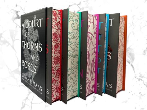 A Court of Thorns and Roses BOX SET Sprayed Edges - Etsy Canada Foredge Painting, Dream Bookshelf, Court Of Frost And Starlight, Book Edges, Frost And Starlight, Court Of Wings And Ruin, Pink Wings, A Court Of Silver Flames, Bookshelf Inspiration