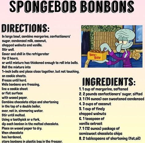 Spongebob Bonbons Recipe Spongebob Dinner And Movie, Cartoon Inspired Recipes, Spongebob Food Recipes, Nickelodeon Food Recipes, Cartoon Network Food Recipes, Nickelodeon Recipes, Tv Show Food Recipes, Spongebob Movie Night, Spongebob Recipes