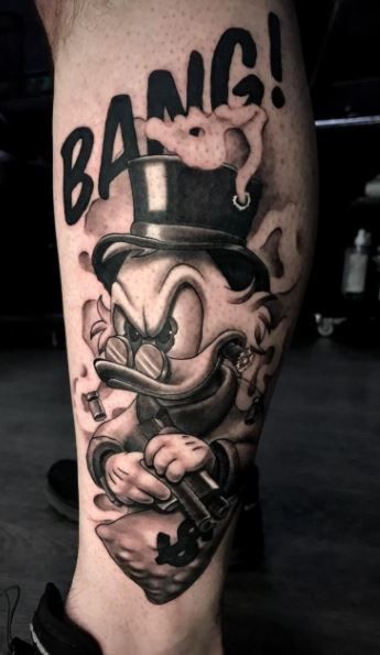 Daffy Duck Money Tattoo, Daffy Duck Tattoo Ideas, Sknerus Mckwacz Tattoo, Donald Duck Tattoo Gangsta, Daffy Duck Tattoo, Donald Duck Tattoo, Tattoo Touch Up, Calf Sleeve Tattoo, Drake Tattoos