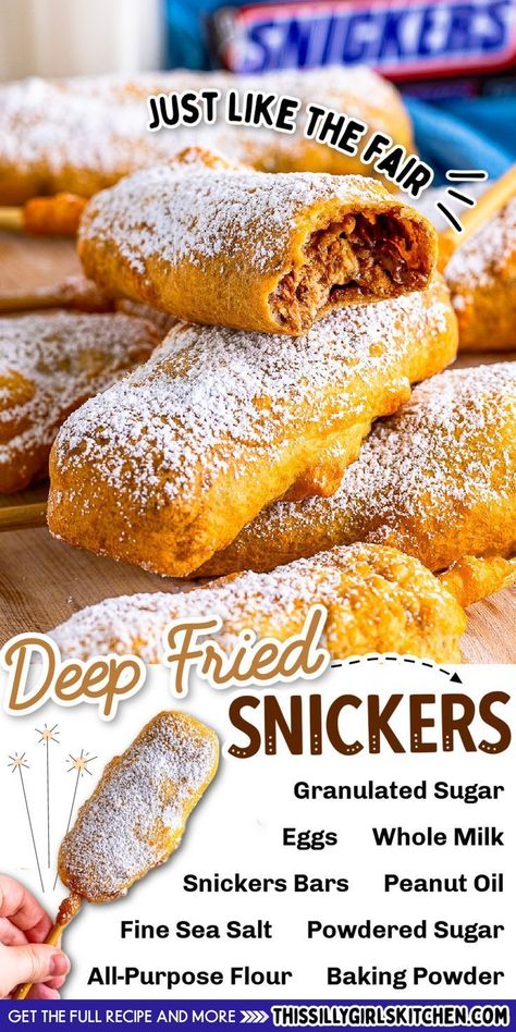 Deep Fried Snickers are an indulgent treat that is fun for the whole family. This batter works great for deep frying pretty much any of your favorite foods, but if you want something that is a real indulgence, then you have to make these Deep Fried Snickers. With a puffy outside and an ooey gooey center from the slightly melted candy bar, you have yourself a seriously mouthwatering dessert that adults and kids love. Deep Fried Fair Food, Deep Fried Snickers, Fried Snickers, Deep Fried Desserts, Snickers Recipe, Melted Candy, Fried Cheese Curds, Deep Fried Recipes, Fried Dessert