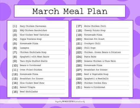 Yikes, here we are, another month into 2021… Can you believe it?! I’m popping in with our monthly meal plan today (and a free printable if you scroll down to the bottom). I have to be honest, we didn’t really stick to last month’s meal plan BUT we did *mostly* stick to meals I had planned….. Basically we didn’t have the planned meals on the exact days I planned, but it did help to have the ideas listed out ahead of time so we have something to work with. March Meal Plan, Beans And Cornbread, Monthly Meal Plan, Cheesy Potato Soup, Bbq Chicken Sandwich, Monthly Menu, Spaghetti Meat Sauce, Easy Chicken Parmesan, Meal Planning Menus