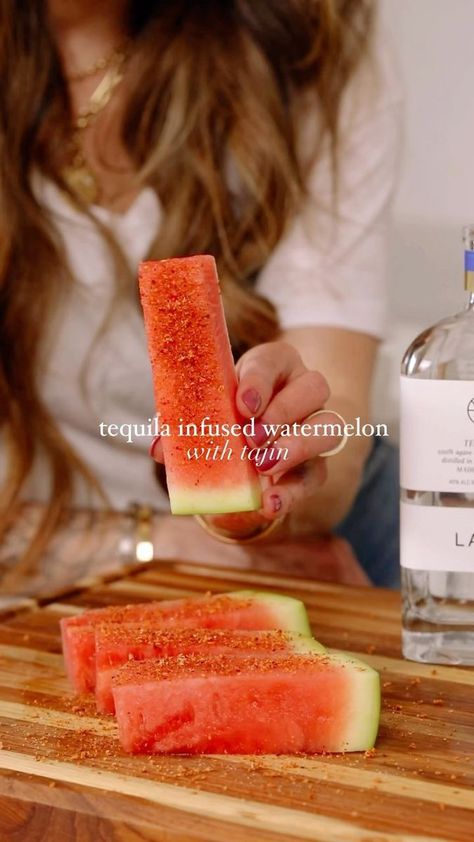 TEQUILA-INFUSED WATERMELON STICKS, with tajin, of course ☺️🍉 Summer is around the corner and these are so fun! Cut your watermelon into sticks—see my previous post for the tutorial! Place watermelon sticks in a container. Add 1/2 cup tequila of choice (I love @lalospirits) and refrigerate for 45 minutes. Drain the tequila liquid—don’t throw it away, drink it! And now sprinkle the watermelon with @tajinusa and enjoy! #tajin #tequila #watermelon #cocktails #summercocktails #easyrecipes #waterme Watermelon And Tequila, Tequila Watermelon Slices, Watermelon Tequila Soaked, Watermelon With Tajin, Watermelon Shooters, Tajin Watermelon, Tequila Soaked Watermelon, Watermelon Alcohol, Tequila Watermelon