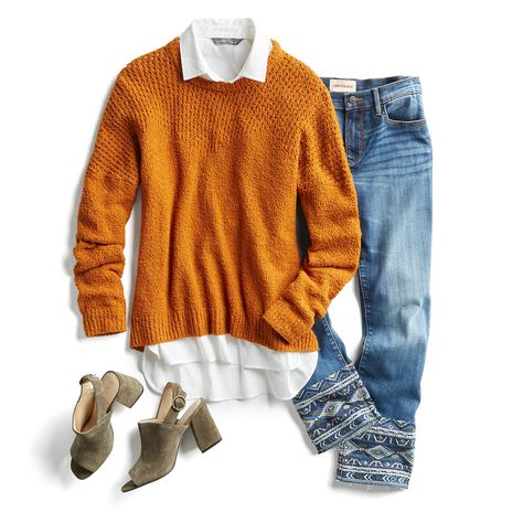 Like the classic white shirt under sweater look- just NOT that color sweater! Fashion Trend Board, Stitch Fix Fall, Sweater Jeans, Stitch Fit, Stitch Fix Outfits, Stitch Fix Stylist, 2017 Fashion Trends, Embellished Denim, Embellished Jeans