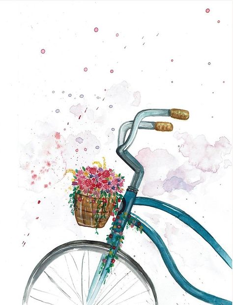 Flower Bike, Watercolor Flower, Watercolor Painting, Bicycle, Bike, Flowers, Blue, Watercolour Painting