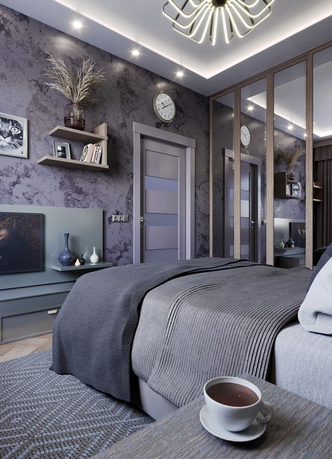 My visualization project: Modern Bedroom with Lilac walls Bedroom Ideas Purple Walls, Bedroom Lilac And Grey, Lilac And Grey Bedroom Ideas, Lilac Gray Bedroom, Daughter Room Design Modern, Purple Teenager Bedroom Ideas, Pastel Purple Bedroom Aesthetic, Gray And Lavender Bedroom, Lilac And Grey Bedroom