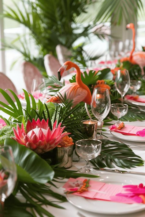 flamingo tropical tablescapes Pineapple Table Decor, Nye 2024, 2024 Party, Tropical Glam, Beach Table, Flamingo Tropical, Fiesta Tropical, Hawaiian Decor, Luau Theme