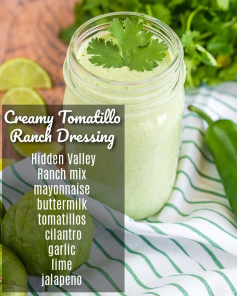 This Creamy Tomatillo Ranch... - Favorite Family Recipes Tomatillo Ranch Dressing, Creamy Tomatillo Dressing, Tomatillo Ranch, Tomatillo Dressing, Hidden Valley Ranch Dressing, Cafe Rio, Ranch Mix, Hidden Valley Ranch, The Cafe