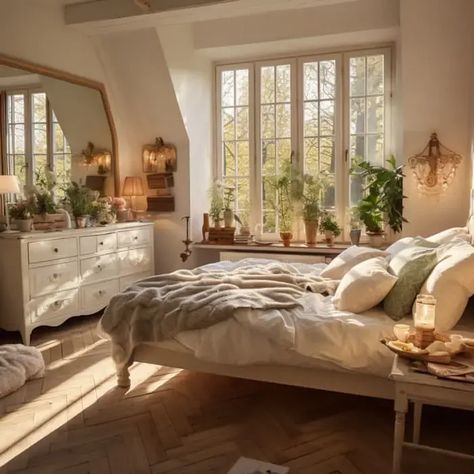 Charmante Schlafzimmer-Ideen, die die sanfte Eleganz von Weiß und Beige mit dem rustikalen Charme des Landhaus-Stils und dem nostalgischen Flair von Vintage verbinden. Diese Palette bietet eine einzigartige Mischung aus Komfort und Stil, ideal für die Gestaltung eines einladenden und stilvollen Rückzugsorts. Cottage Bedroom Sims 4, Cottagecore Home, Cottage Bedroom, Dream Apartment, Cottage Living, Family House, House Inspo, Bedroom Inspirations, Room Inspo