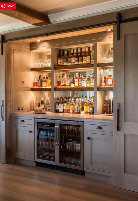 Diy At Home Bar Ideas, Service Bar Design, Hidden Home Bar Ideas, Built In Dry Bar Ideas, Liquor Closet Ideas, Bar Rooms In House Ideas, Man Cave Wet Bar, Basement Bar Decor Ideas, Bar Along Wall