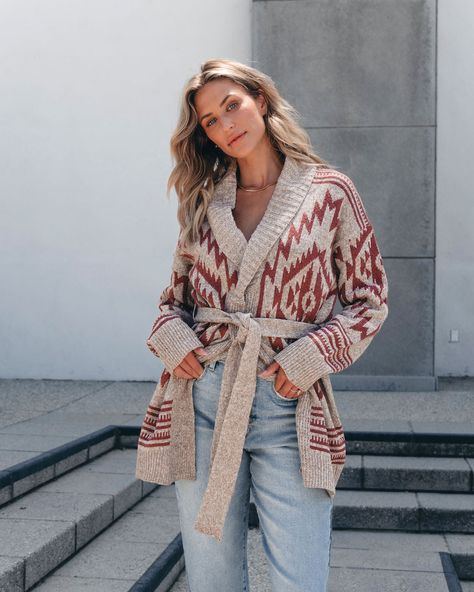 Add a touch of style and warmth to your wardrobe with our Taupe Aztec Belted Cardigan! Made with 100% polyester, this cardigan features a classic collared neckline, an eye-catching Aztec print, and a self-tie belt for a flattering fit. Perfect for any occasion! Layer it over a basic tank top and pair with jeans, ankle booties, and mixed accessories for an everyday comfy fall outfit! Sorority Rush Outfits, Longline Sweater, Rush Outfits, Comfy Fall Outfits, Trendy Outfit Ideas, Gameday Dress, Casual White Dress, Belted Cardigan, Fall Outfit Ideas