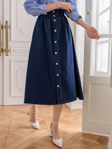 Women's Denim A-Line Riveted Button Skirt Dark Wash Casual   Denim Plain A Line Non-Stretch Spring/Fall Women Clothing, size features are:Bust: ,Length: ,Sleeve Length: Denim Pleated Skirt, Denim Skirt Outfits, Button Skirt, Denim Skirt Women, Denim Skirts, Elegant Dresses Long, Couple Matching, Black Party, Dark Jeans