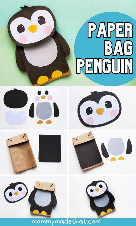 Super cute penguin craft from a paper bag! This adorable kids craft is perfect for winter for preschool or younger kids and great for an arcitic animal activity. Puppets For Kids To Make Paper Bag, Paper Bag Puppet Ideas, Paper Puppets Diy, Paper Bag Puppets Printable Free, Paper Bag Puppets For Kids, Paper Puppets Printable, Puppet Paper Bag, Paper Bag Crafts For Kids, Penguin Puppet