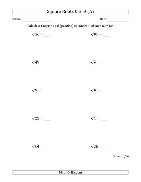 The Principal Square Roots 0 to 9 (A) Math Worksheet Math Worksheets Grade 3, Division Worksheets Grade 4, Math Cheat Sheet, Number Sense Worksheets, Class 6 Maths, Number Worksheet, Math Drills, Science Words, Division Worksheets