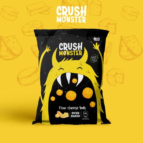 Granola Poster Design, Vegan Packaging Design, Black Packaging Design, Crazy Packaging, Pop Art Packaging, Sweet Branding, Chips Packaging Design, Monster Snacks, Packing Box Design