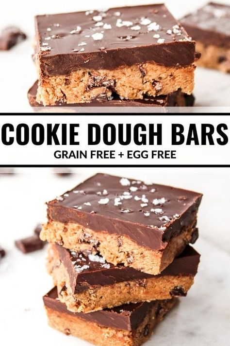 These Cookie Dough Bars are incredibly simple but totally WOW! A delicious grain free and egg free treat for cookie dough lovers! Healthy No Bake Cookie Dough, No Bake Cookie Dough Bars, Chocolate Chip Cookie Dough Bars, Healthy No Bake Cookies, 4 Ingredient Cookies, Gluten Free Cookie Dough, Healthy No Bake, No Bake Cookie, Edible Cookie Dough Recipe