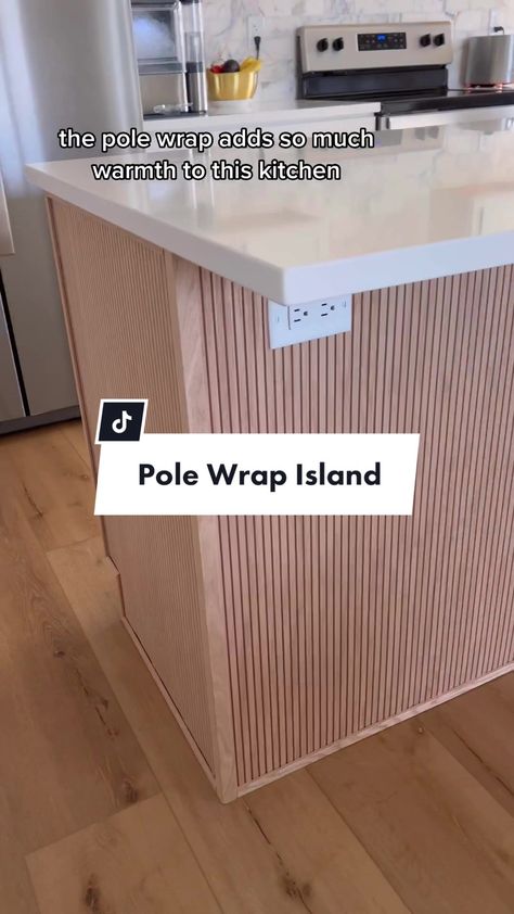 Pole Wrap Built In, Wood Pole Wrap On Wall, Pile Wrap On Wall, Wood Wrapped Kitchen Island, Pole Wrap On Kitchen Island, Slat Wall Kitchen Island, Kitchen Island Pole Wrap, Pole Wrap On Ceiling, Slatted Island