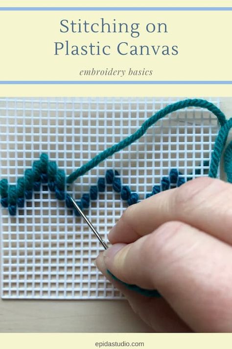 Learn the basic techniques for stitching on plastic canvas. There are only a few basic stitches that will give you hundreds of options. Once you know this, you can enjoy plastic canvas embroidery which is easy and affordable. Great for kids or those with dexterity challenges. #epidastudio #plasticcanvasembroidery Canvas Stitching, Tent Stitch, Plastic Canvas Stitches, Chevron Stitch, Plastic Canvas Ornaments, Basic Stitches, Plastic Mesh, Halloween Crochet Patterns, Plastic Canvas Patterns Free