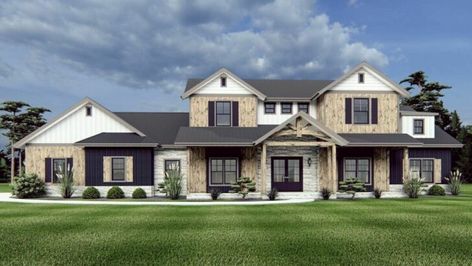 4-Bedroom 2-Story French Country Style Home with Grand Library (Floor Plan) Rustic Cottage Kitchen Ideas, Large Farmhouse Plans, 1 5 Story House Plans, Rustic Farmhouse Plans, Houses Blueprints, Tray Ceilings, Craftsman Farmhouse, Sun Deck, Garage Floor Plans