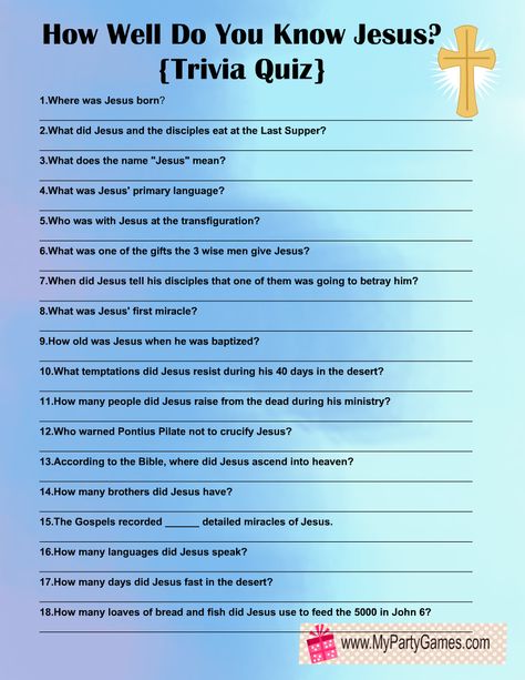 How well do you know Jesus? Free Printable Trivia Quiz Bible Quiz Questions And Answers, Bible Trivia Questions, Bible Quiz Games, Biblical Promises, Bible Quiz Questions, Where Is Jesus, Catholic Kids Activities, Childrens Bible Study, Bible Study Activities