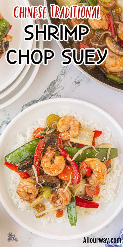 Pinterest image with title overlay for traditional Chinese Shrimp Chop Suey recipe. Chop Suey Sauce Recipe, Chinese Chop Suey Recipe, Chinese Dishes Traditional, Shrimp Chop Suey Recipe, Shrimp Chop Suey, Chop Suey Recipe Chinese, Shrimp Sauteed, Chop Suey Recipe, Chinese Shrimp