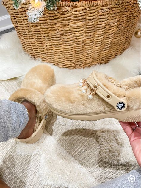 Outer fur and fur lined Crocs in beige with pearl jewels Crocs Fur, Crocs Black, Walmart Finds, Clogs Style, Family Pajamas, Crocs Shoes, Friday Sale, Winter Fashion Outfits, Black Friday Sale