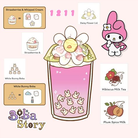 Boba story ~ My Melody drink Boba Story Magic Den Recipes, Boba Story Lid Recipes, Boba Story Lids Code, Boba Story Drink Ideas, Boba Story Game Recipes, Boba Icon, Boba Story Recipes, Boba Ideas, Boba Store